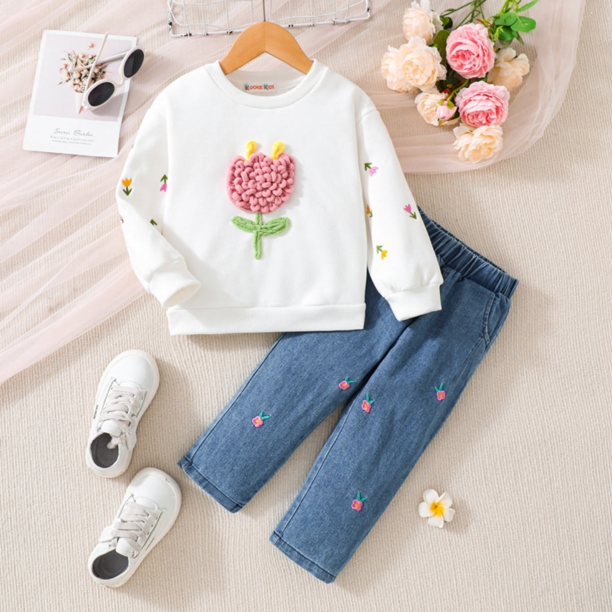 New autumn and winter girls baby 3D flower sweatshirt denim suit