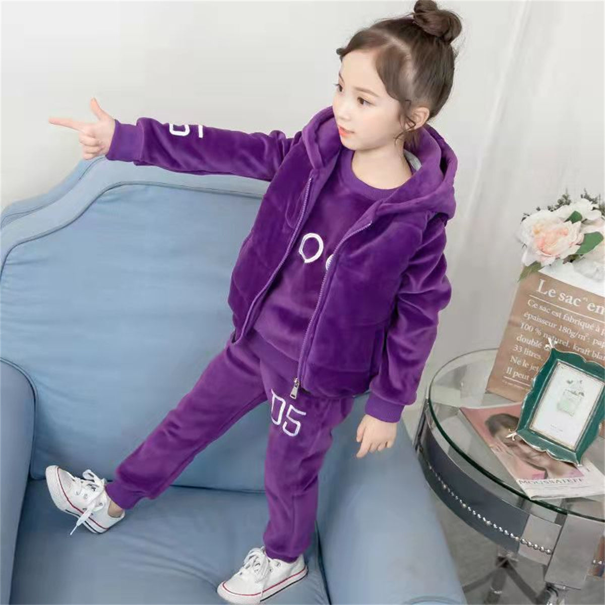 Medium and large girls casual sports style double-faced fleece casual sweatshirt three-piece set