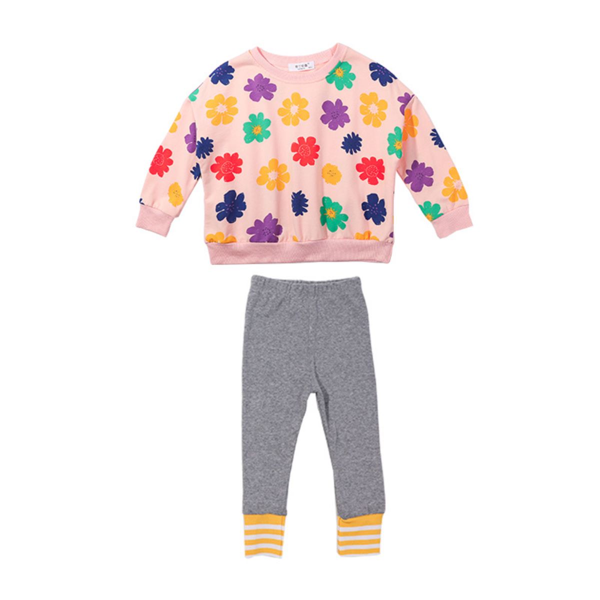 Children's spring and autumn new baby girl fashion cartoon full print flower sweater two-piece set small fresh suit