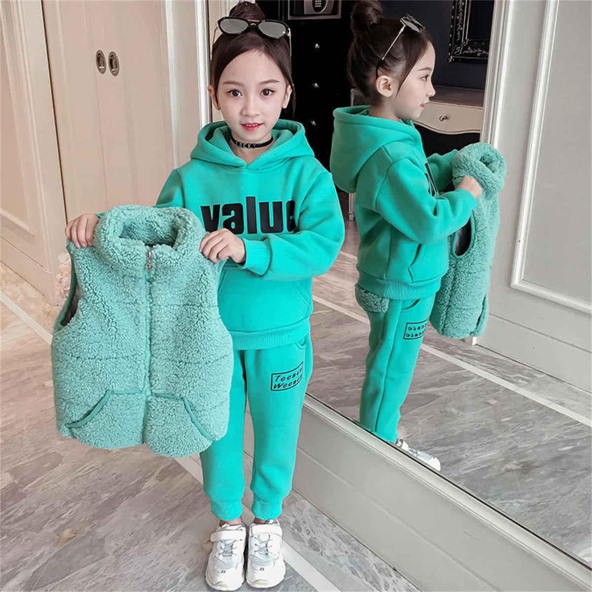 3-piece set for middle and large children and girls, solid color, letter style, casual urban style, fur vest, multi-piece set