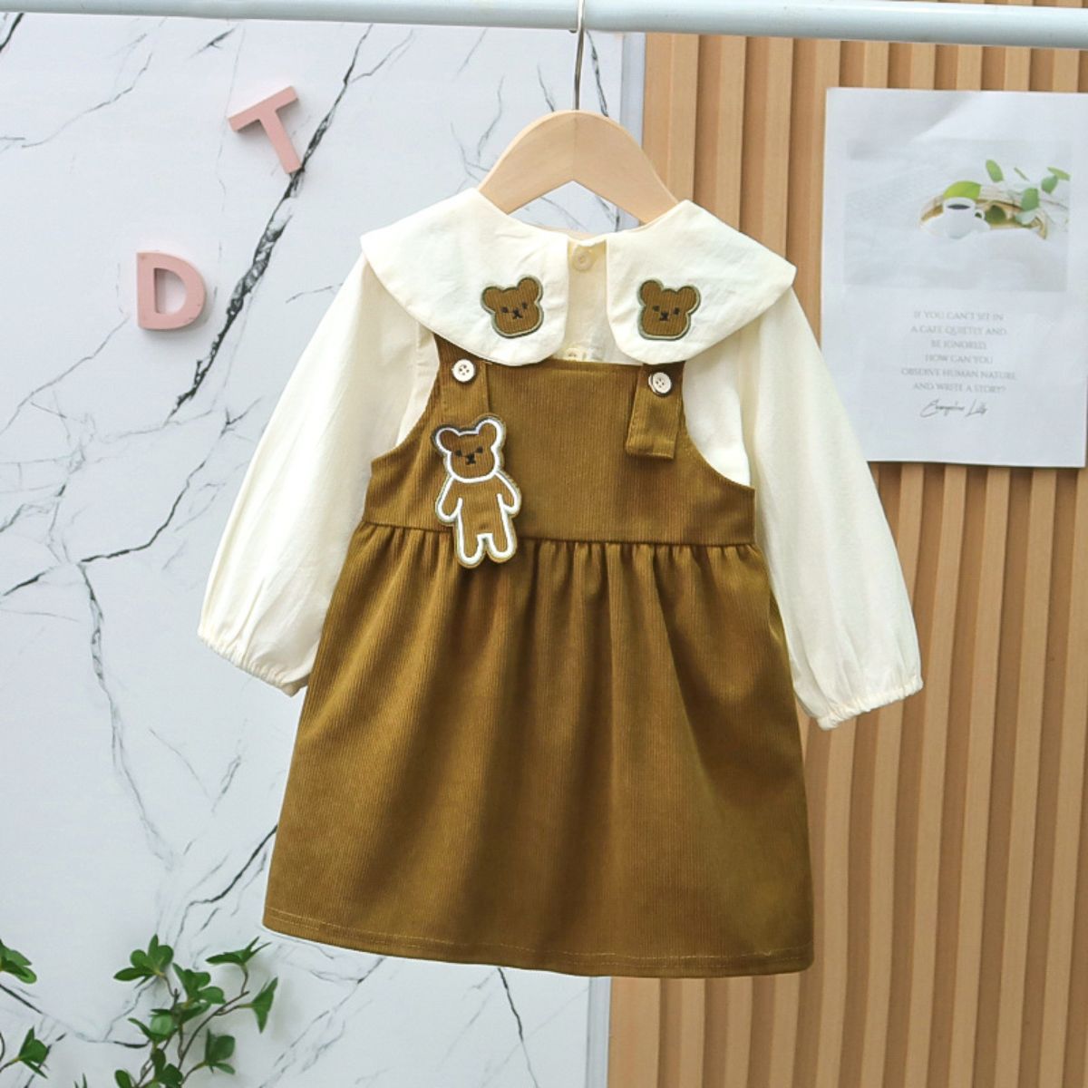 Girls Spring and Autumn Shirt Suspender Skirt 2-piece Set Cute Baby Girl Bear Suit Skirt Student Princess A-line Skirt