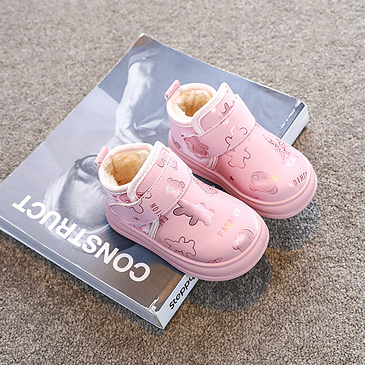 Children's winter velvet cute printed warm waterproof low-top cotton shoes for boys and girls