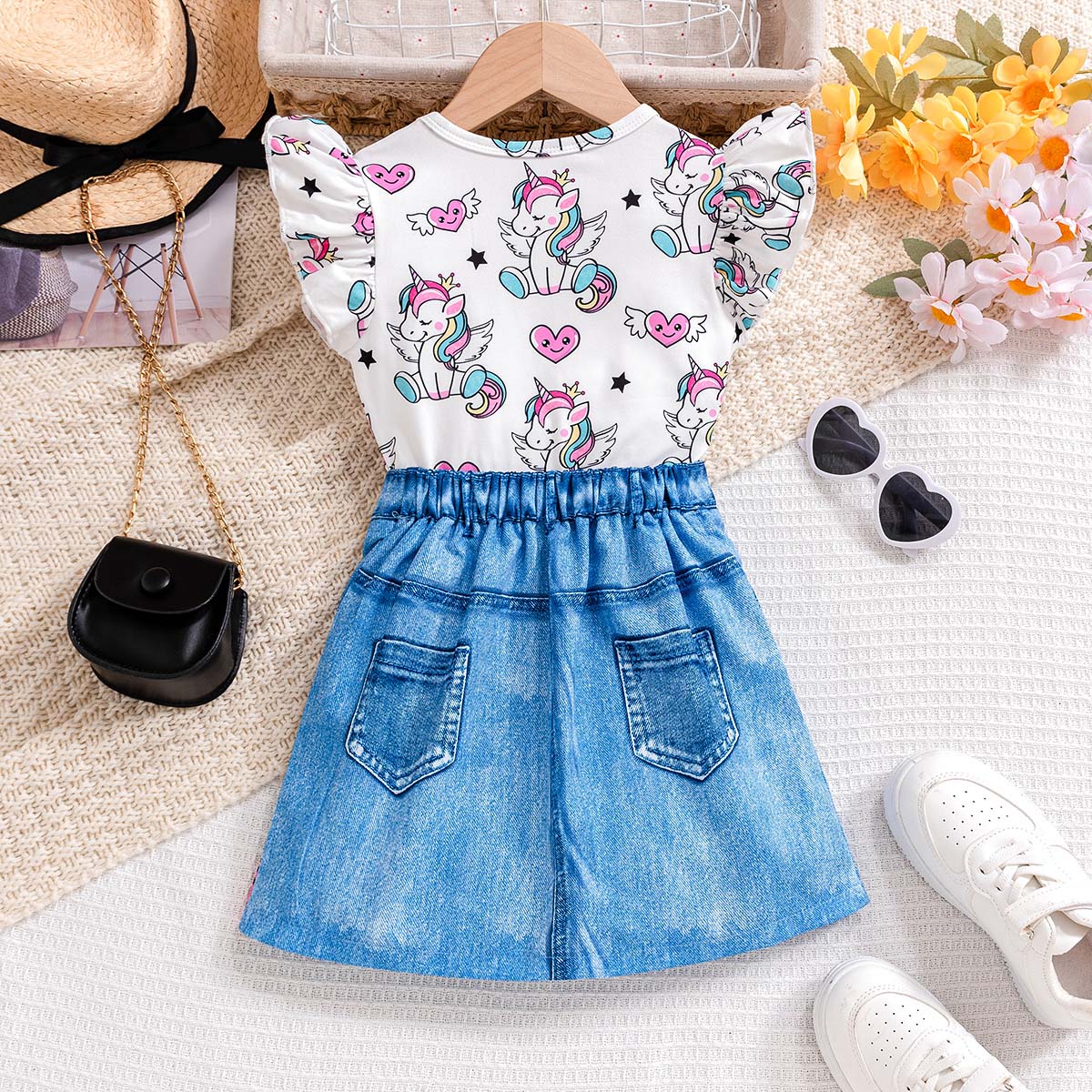 Girls cute knitted unicorn flying sleeves T-shirt and unicorn pattern denim print skirt set Spring and Summer