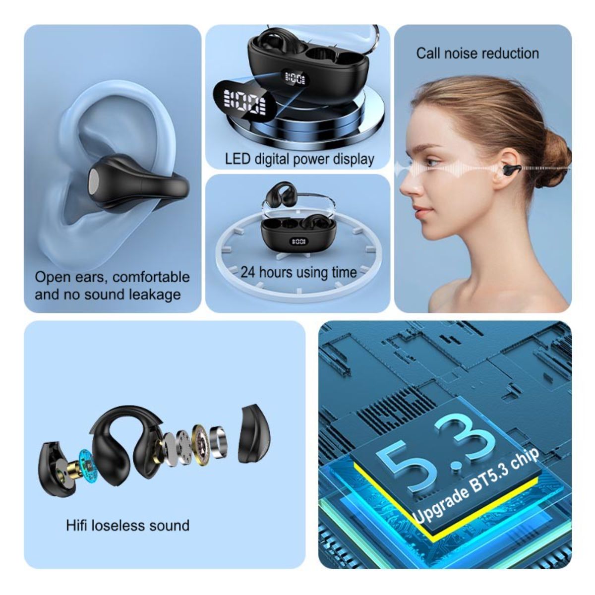 Wireless Bluetooth Headphones Digital Display Ear Clip Earphones Non-In-Ear Wireless Bluetooth Sports Headphones