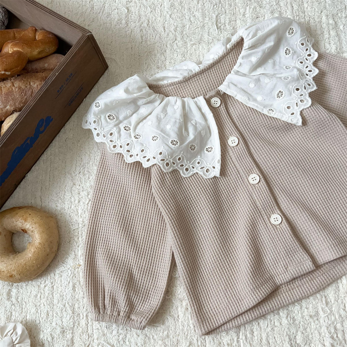 Baby Girl Lapel Long Sleeve Top + Pants Waffle Two Piece Set