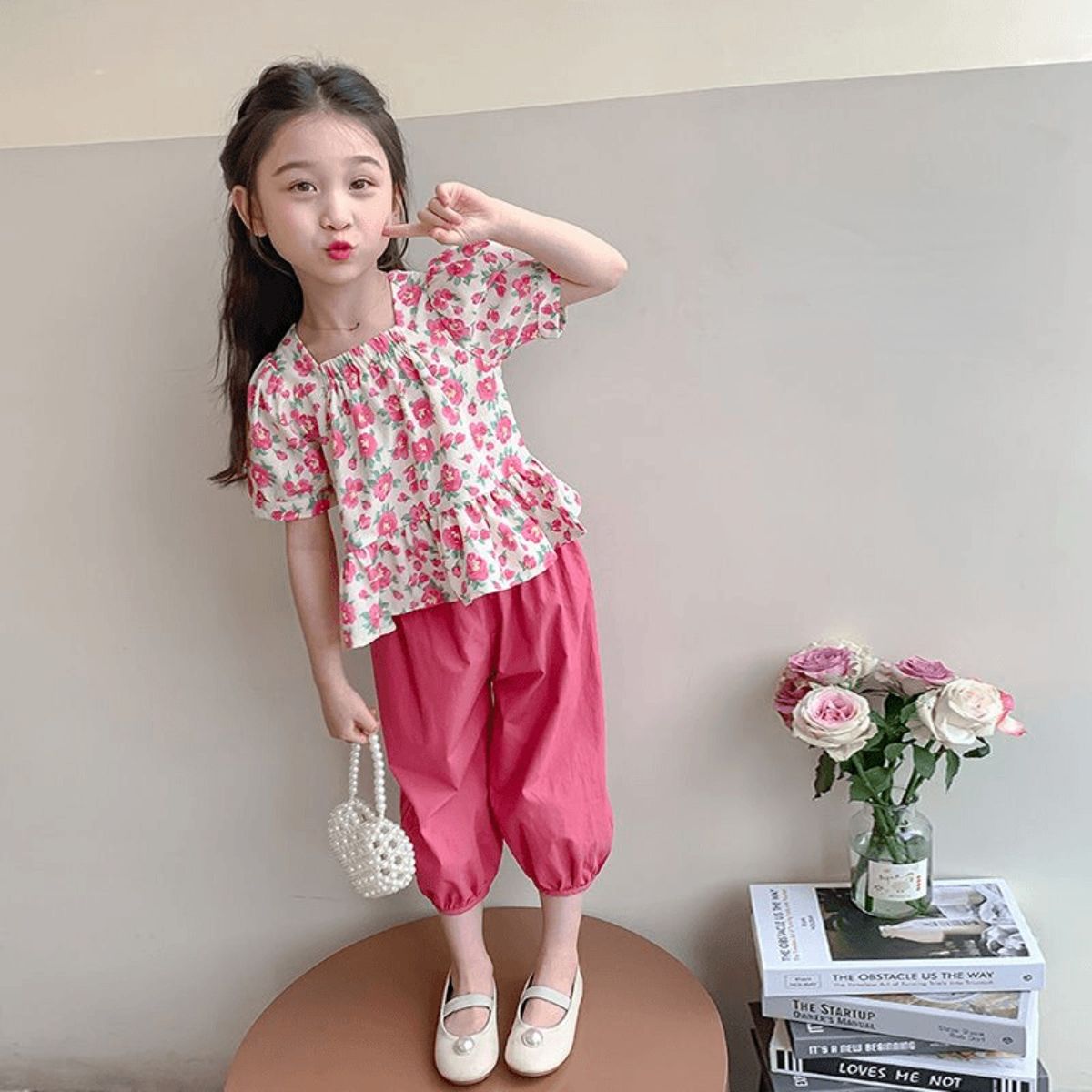 Girls summer new style little girl baby children square collar floral suit small children suit