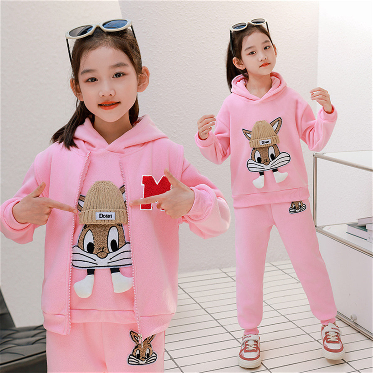 Girls autumn and winter three-piece suits plus velvet and thick sports casual style cute pattern multi-piece suit