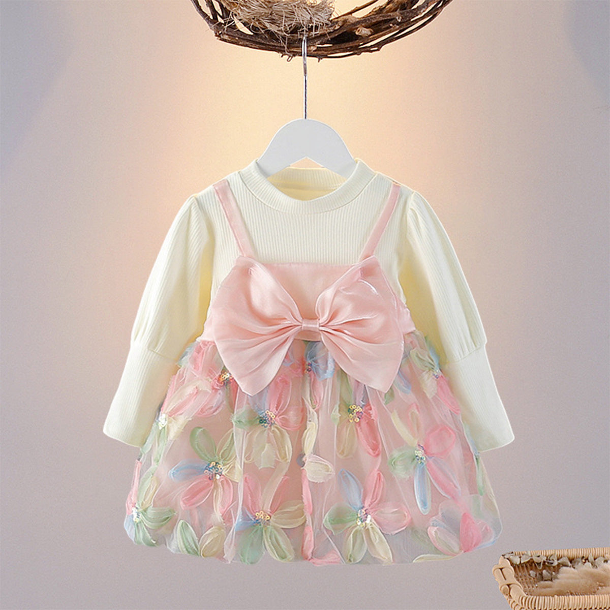 New spring and autumn girls' bow flower splicing fake two-piece dress