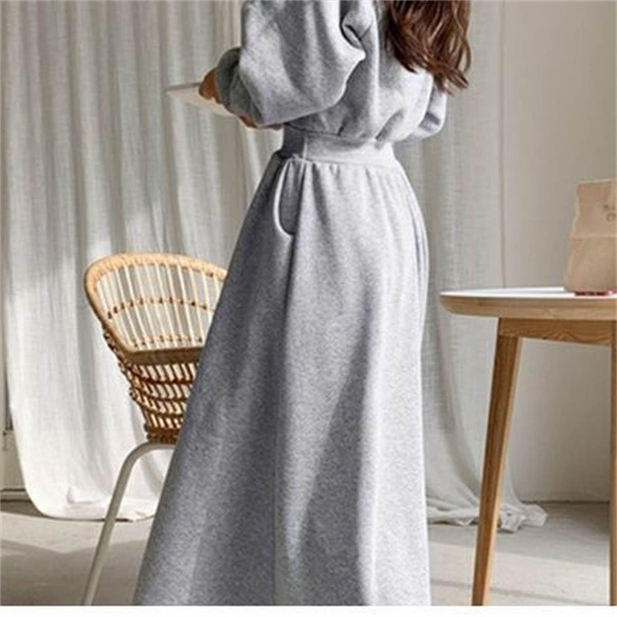 Women's hooded long-sleeved dress high waist slimming below knee length skirt