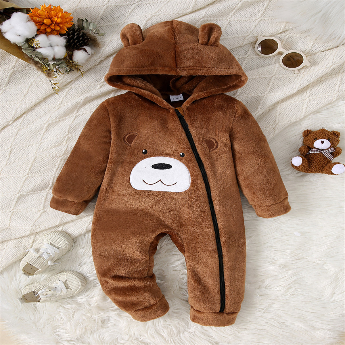 Autumn and Winter Baby Boys Three-Dimensional Bear Applique Embroidery Double-Sided Flannel Zipper Hooded Long-Sleeved Bodysuit