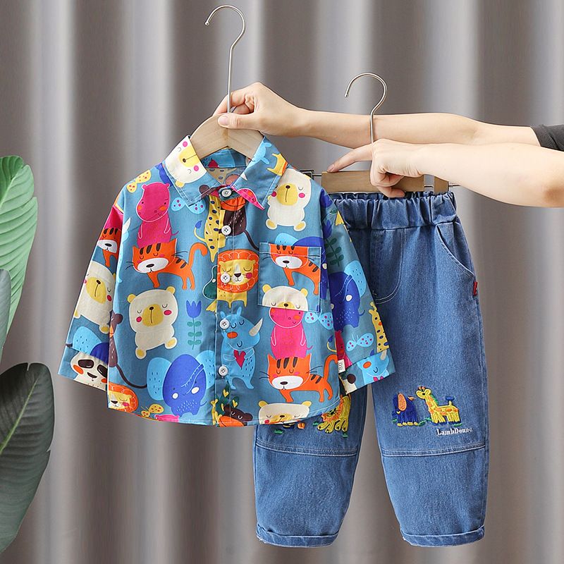 Boys autumn suit new spring and autumn animal children's handsome jeans two-piece suit