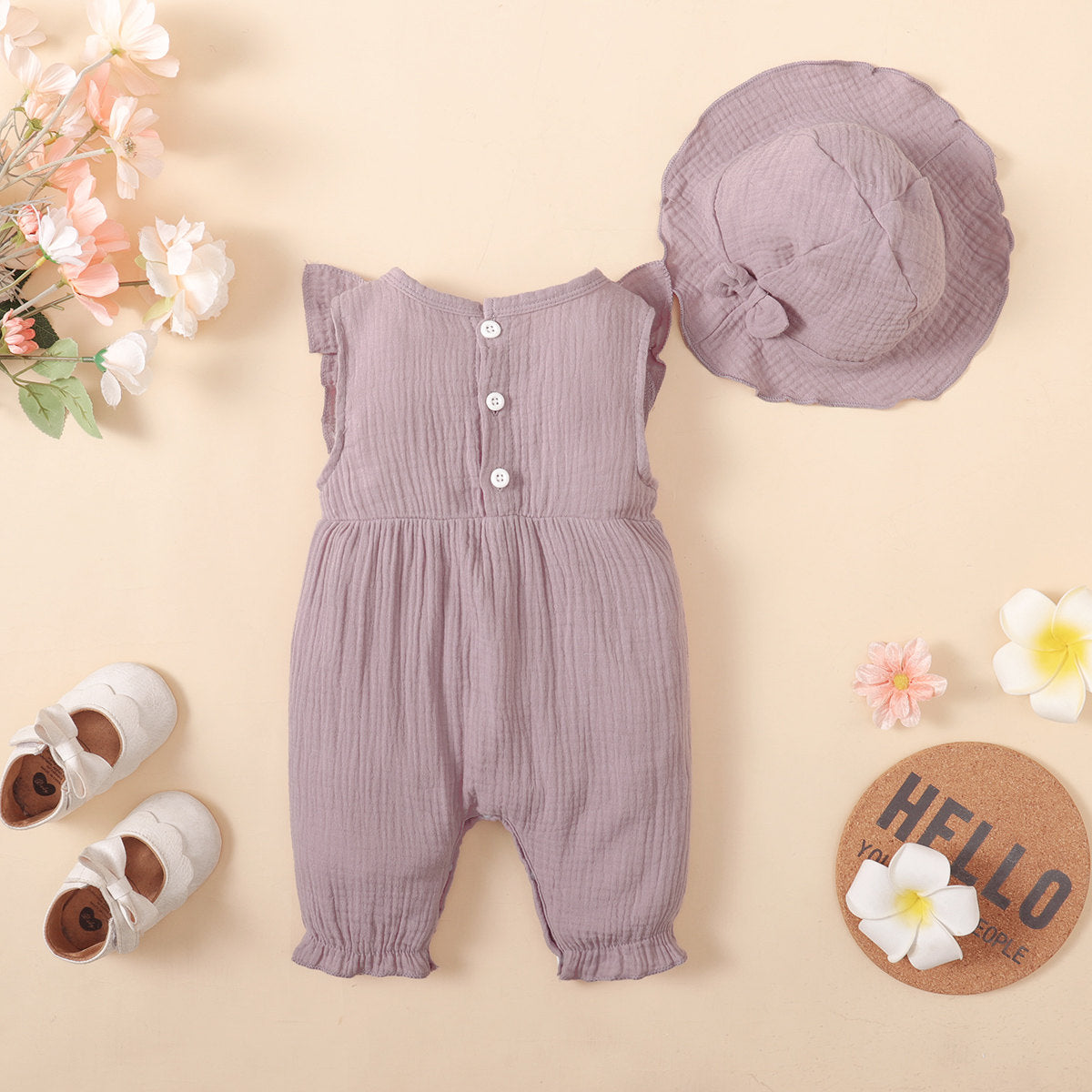 2-piece Baby Girl Pure Cotton Solid Color Bowknot Decor Sleeveless Boxer Romper & Matching Hat