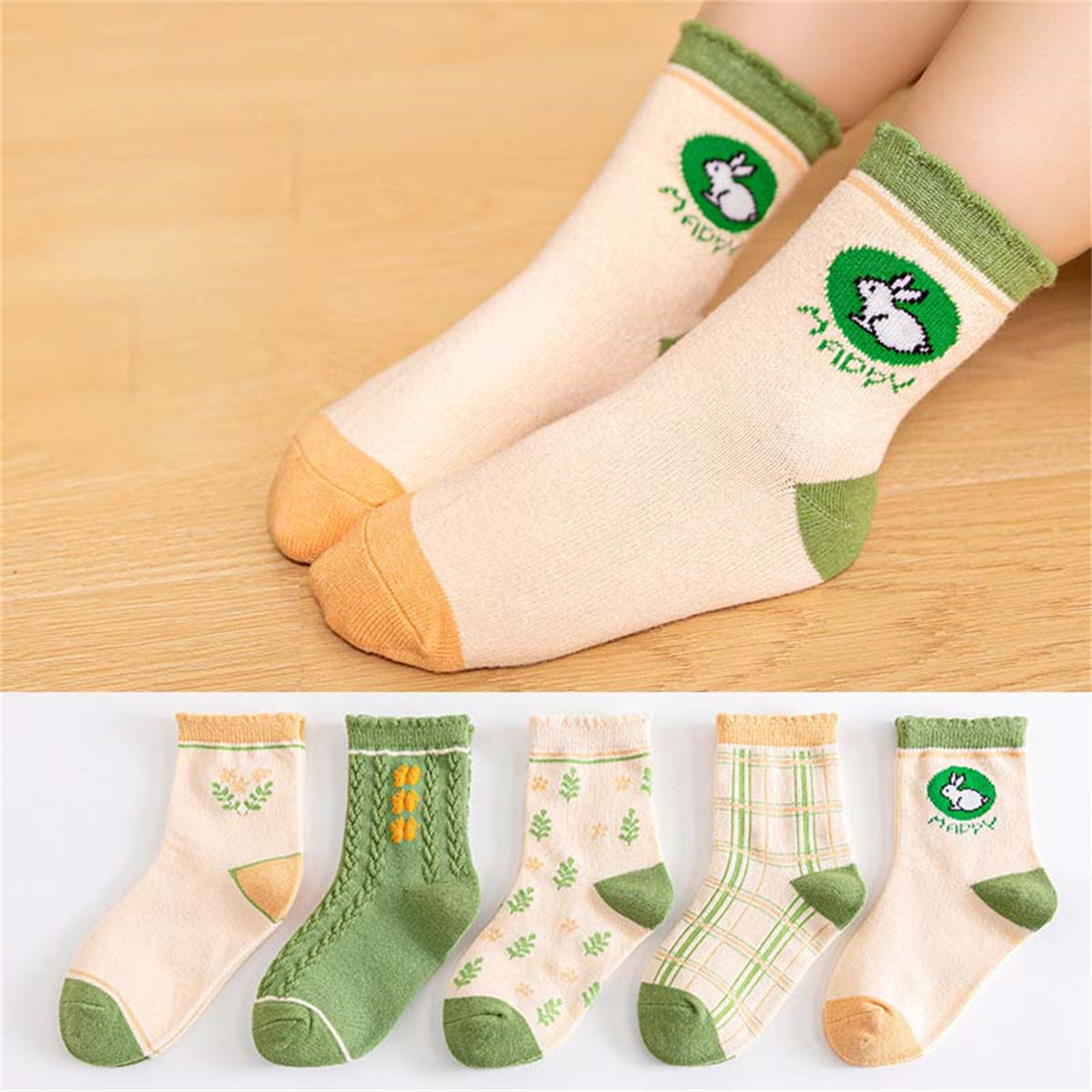 Children's girls autumn and winter fresh green soft skin-friendly breathable socks set