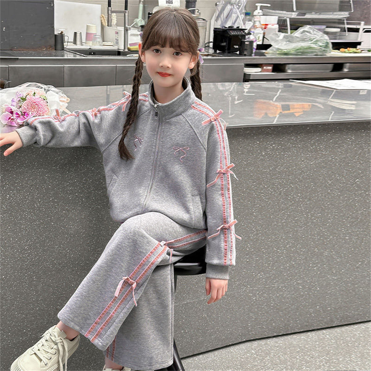 Sports suit children's bow fashionable cardigan fashionable sweatpants two-piece set