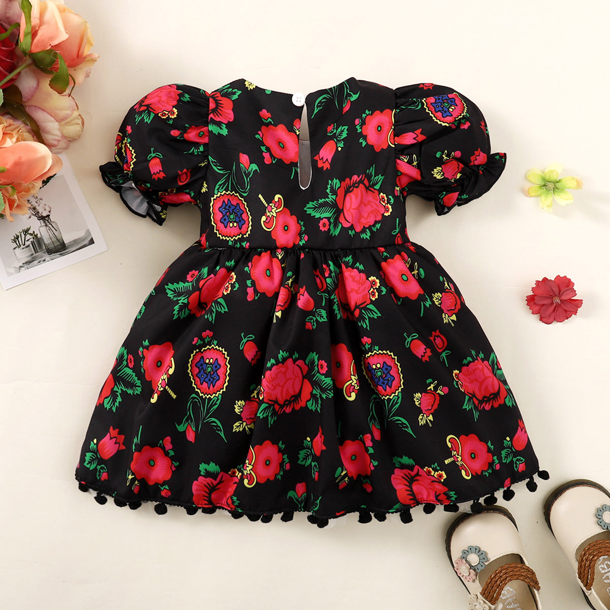 Baby Girl Allover Rose Printed Mesh Patchwork Short Puff Sleeve Dress