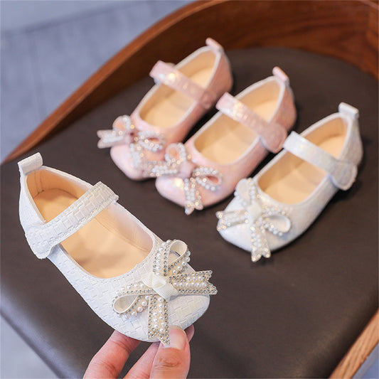 Children's sweet princess style pearl bow comfortable Velcro flat leather shoes