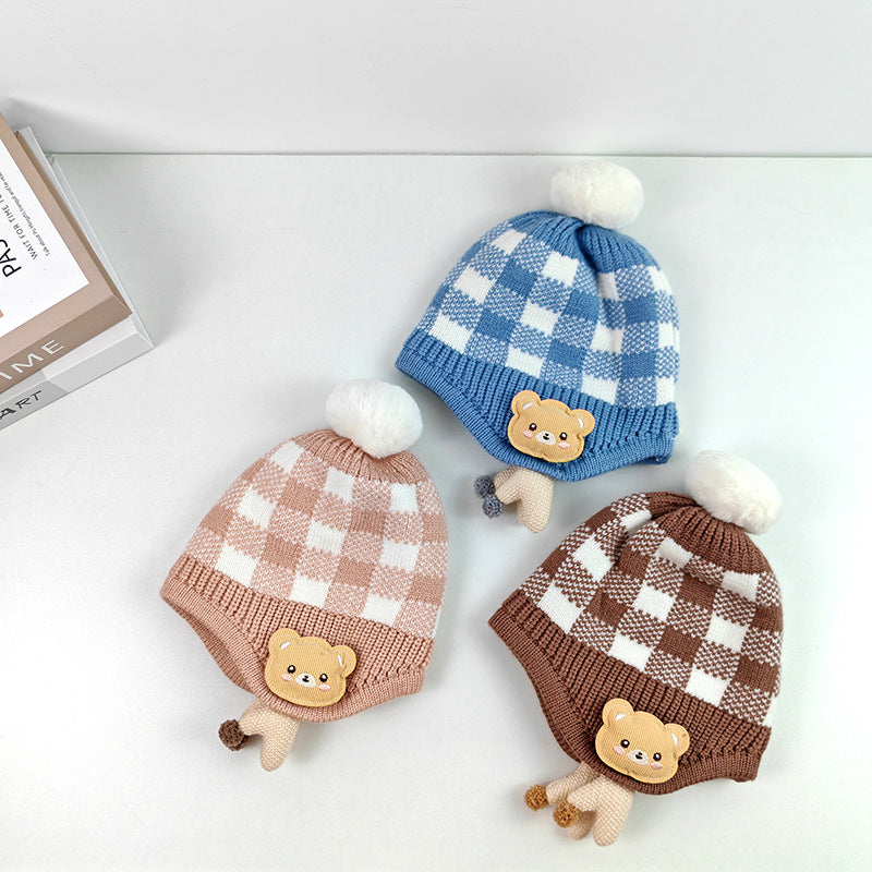 Children's boys and girls cute doll bear plaid knitted warm pullover wool hat