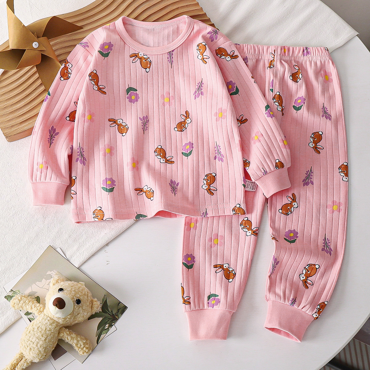 Girls Cute Flower Cotton Long Sleeve Home Clothes Pajamas Set