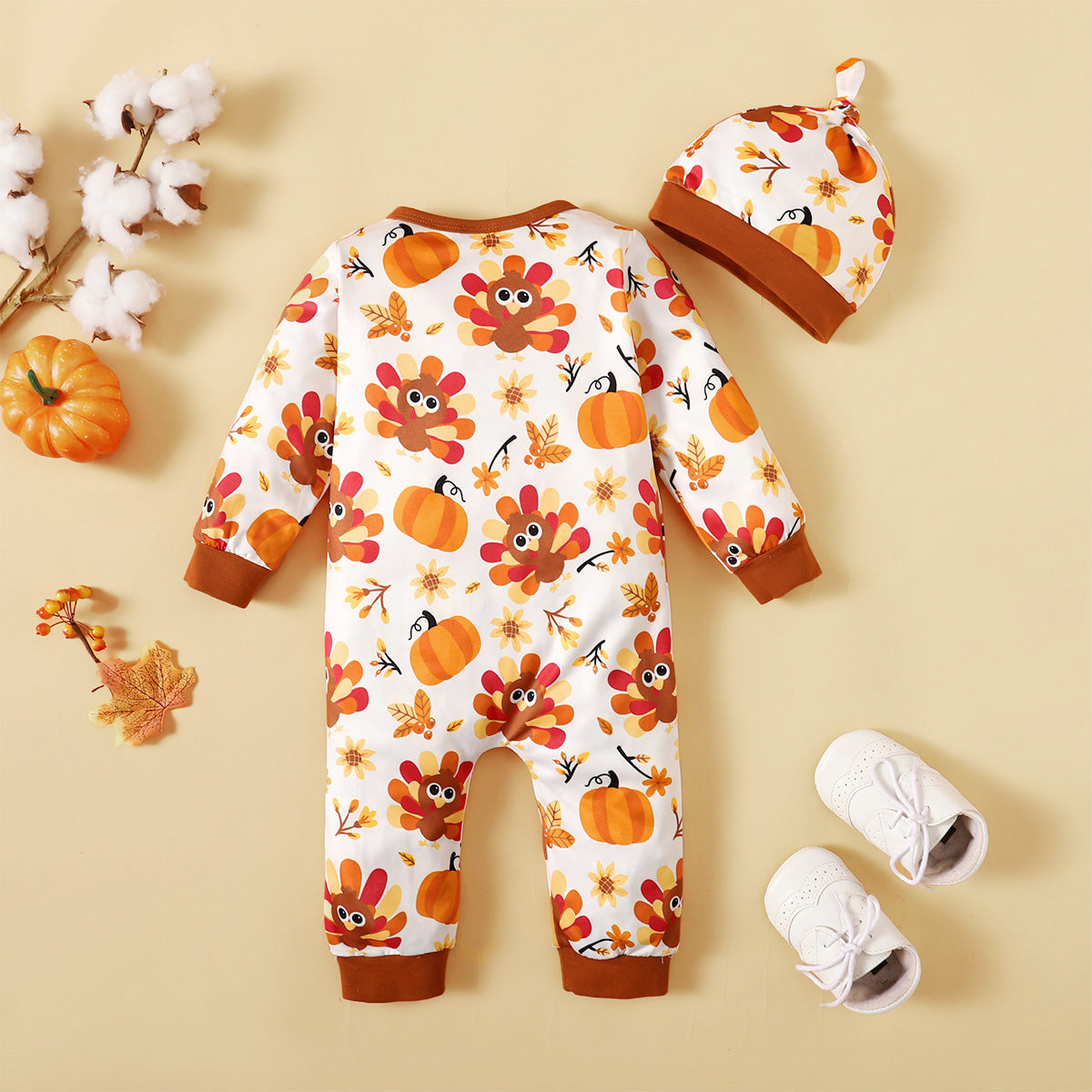 Romper with hat for autumn, Halloween and Thanksgiving design, featuring turkey and pumpkin prints