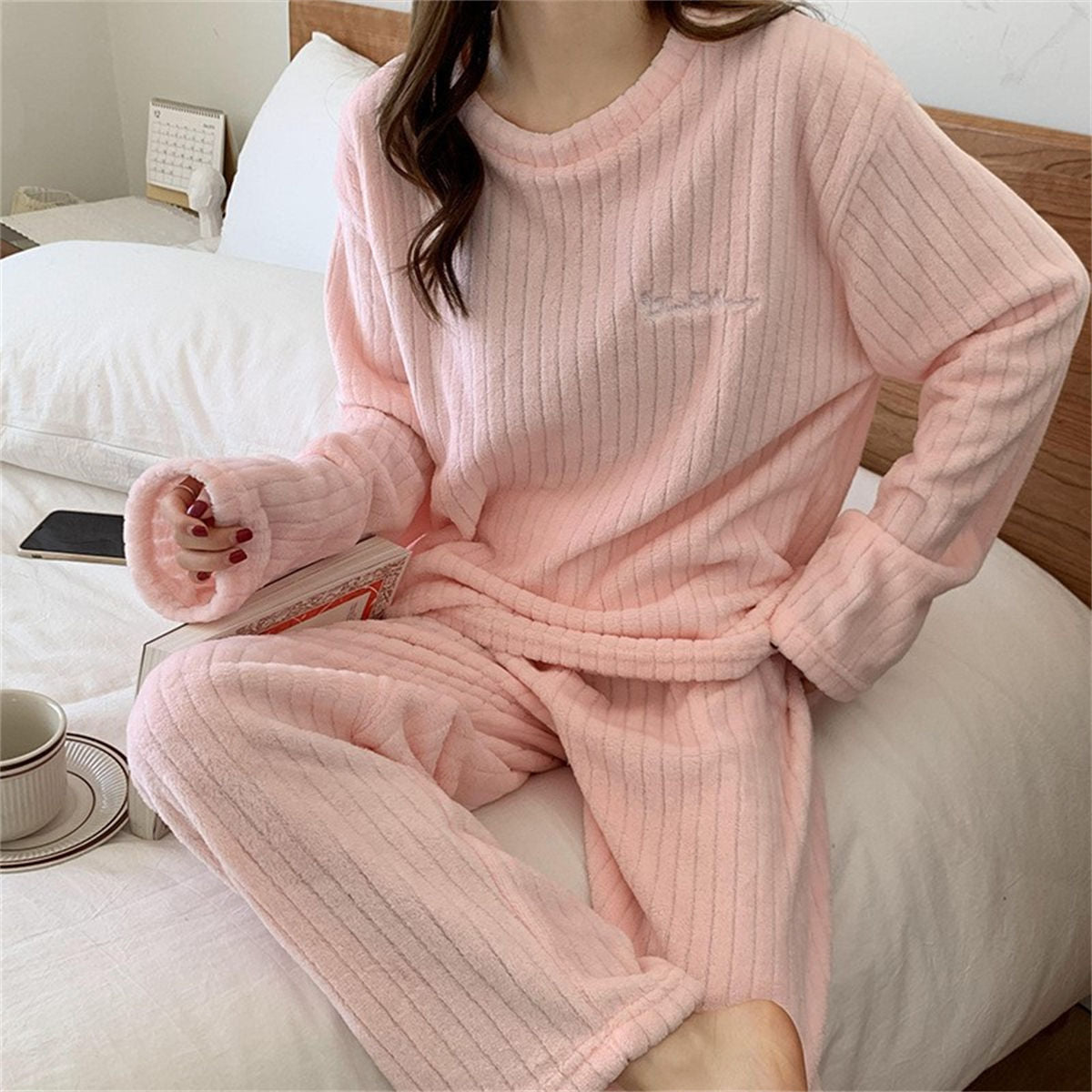 Coral Fleece Pajamas Women's Long Sleeve Thickened Home Clothes Peach Comfort Cotton Set