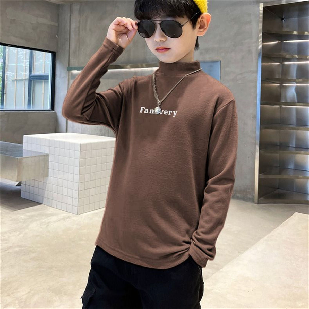 Winter simple letter style plus velvet warm half-high collar bottoming shirt for middle and large boys