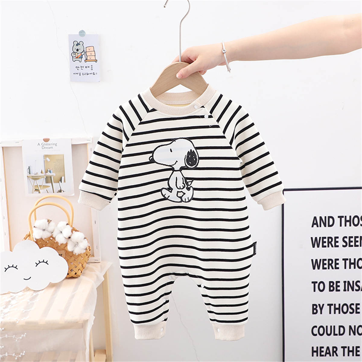 Infant and Toddler Autumn Plus Velvet Striped Snoopy Pullover Romper