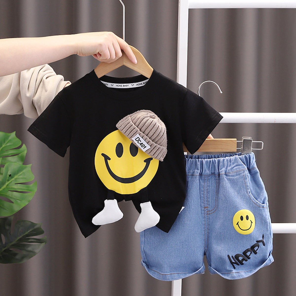 Children's clothing boys summer suit new style short-sleeved cartoon T-shirt denim shorts two-piece suit