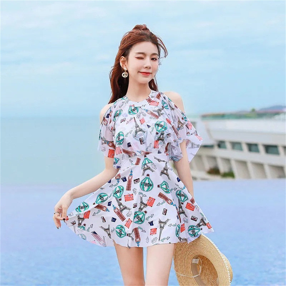 Women's floral pattern large skirt swimsuit set