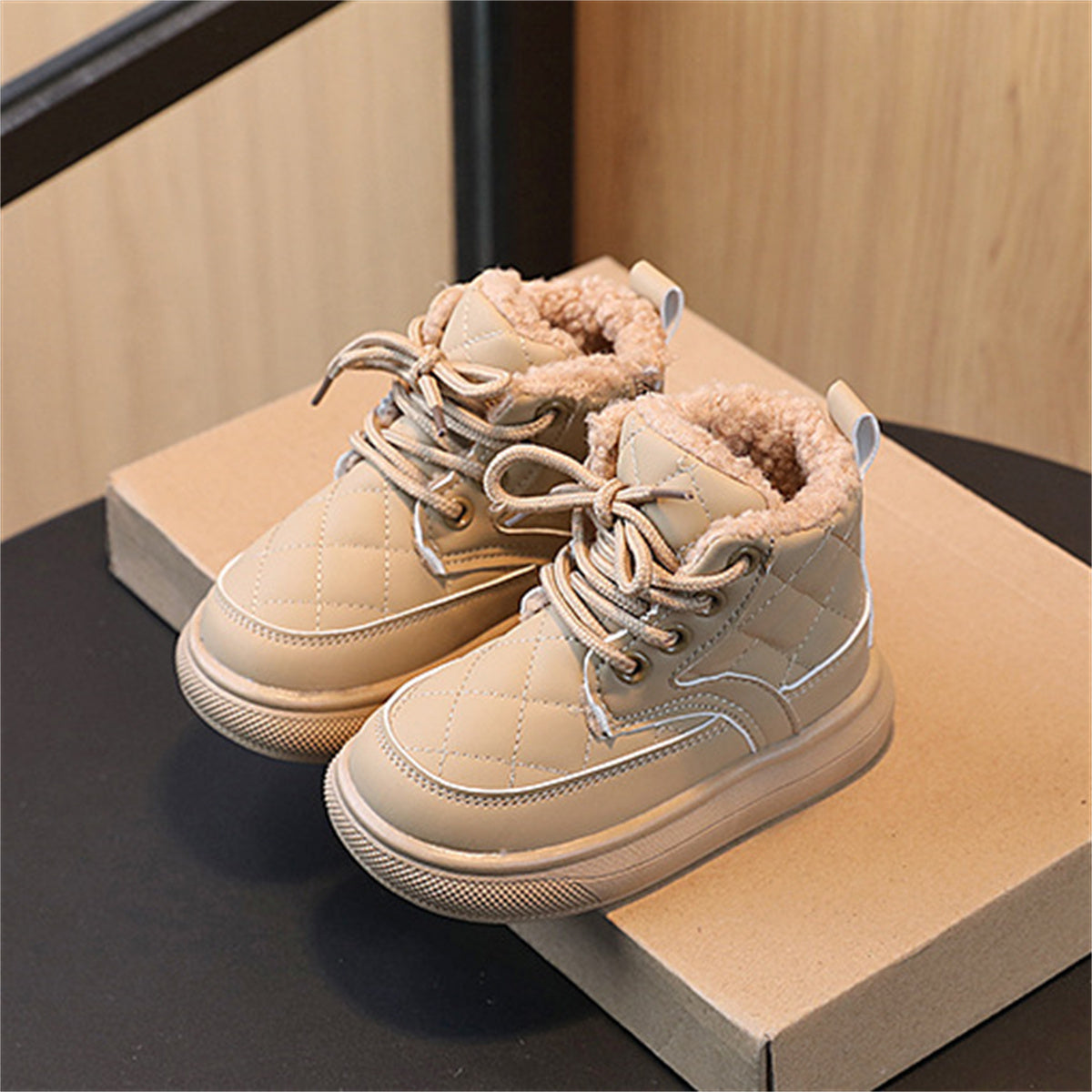 Children's girls' solid color simple British style warm plus velvet fashionable waterproof non-slip high top cotton shoes