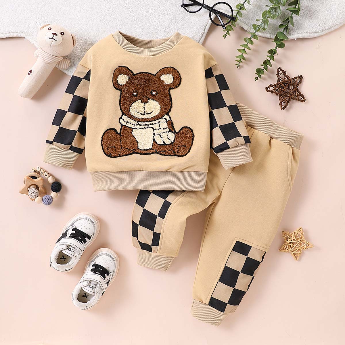 2-pack bear 3D embroidered plaid long-sleeved trousers