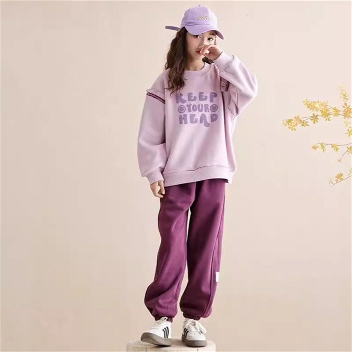 2-piece set for medium and large children and girls, simple and elegant style, letter style, small ruffled sweater suit