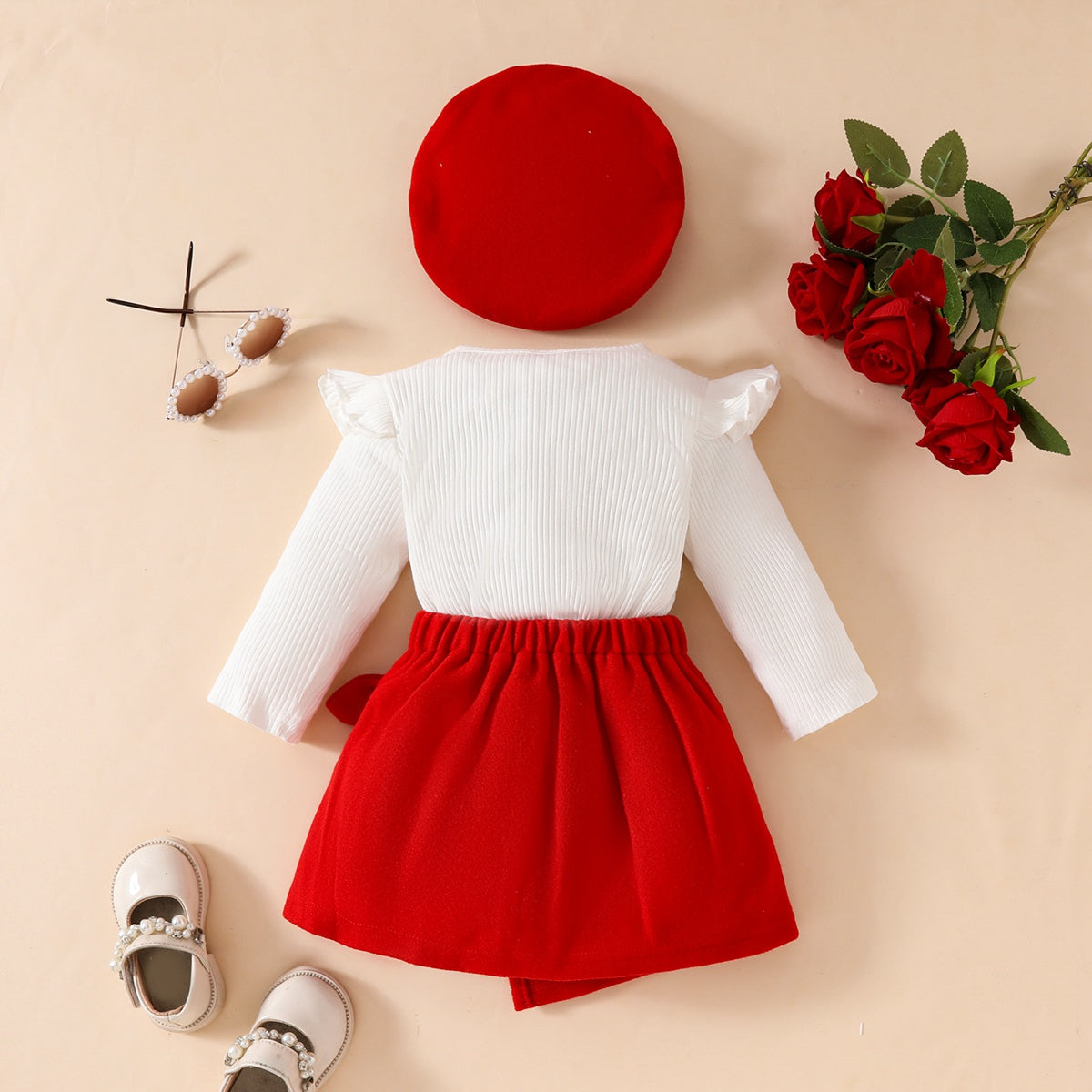 Toddler Girl Fashion Big Bow Ribbon Fabric Top + Tweed Fabric Skirt + Beret Three-piece Set