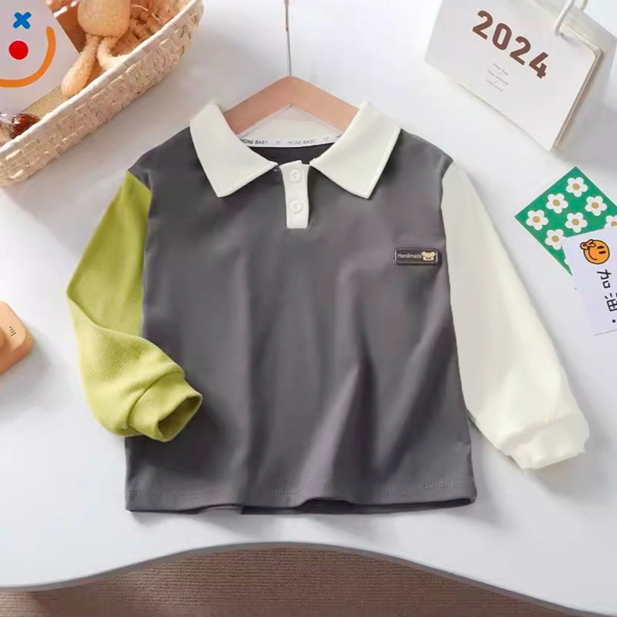 New children's long-sleeved polo shirts for boys, one-piece for girls, bottoming shirts for babies, lapel tops, German fleece children's clothes