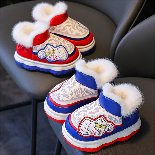 Winter Ultraman pattern warm waterproof cotton slippers for little boys