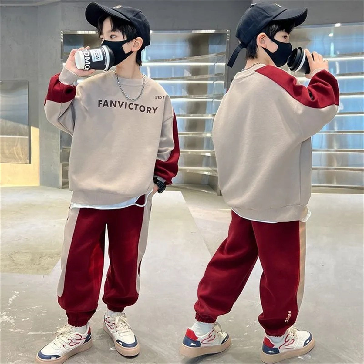 Medium and large boys autumn and winter two-piece suit simple casual sports style letter style sweater suit