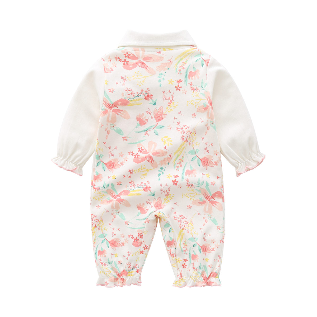 Baby Girl Pure Cotton Lapel Floral Patchwork Bowknot Decor Long-sleeved Long-leg Romper