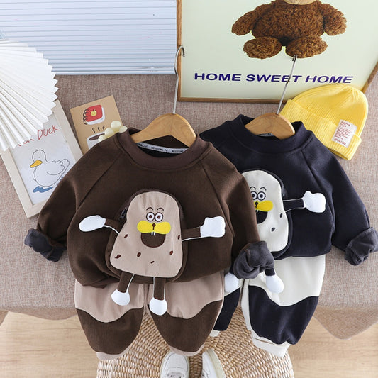 Winter children's plus velvet cute style sweater suit new style fashionable baby winter clothes warm two-piece suit