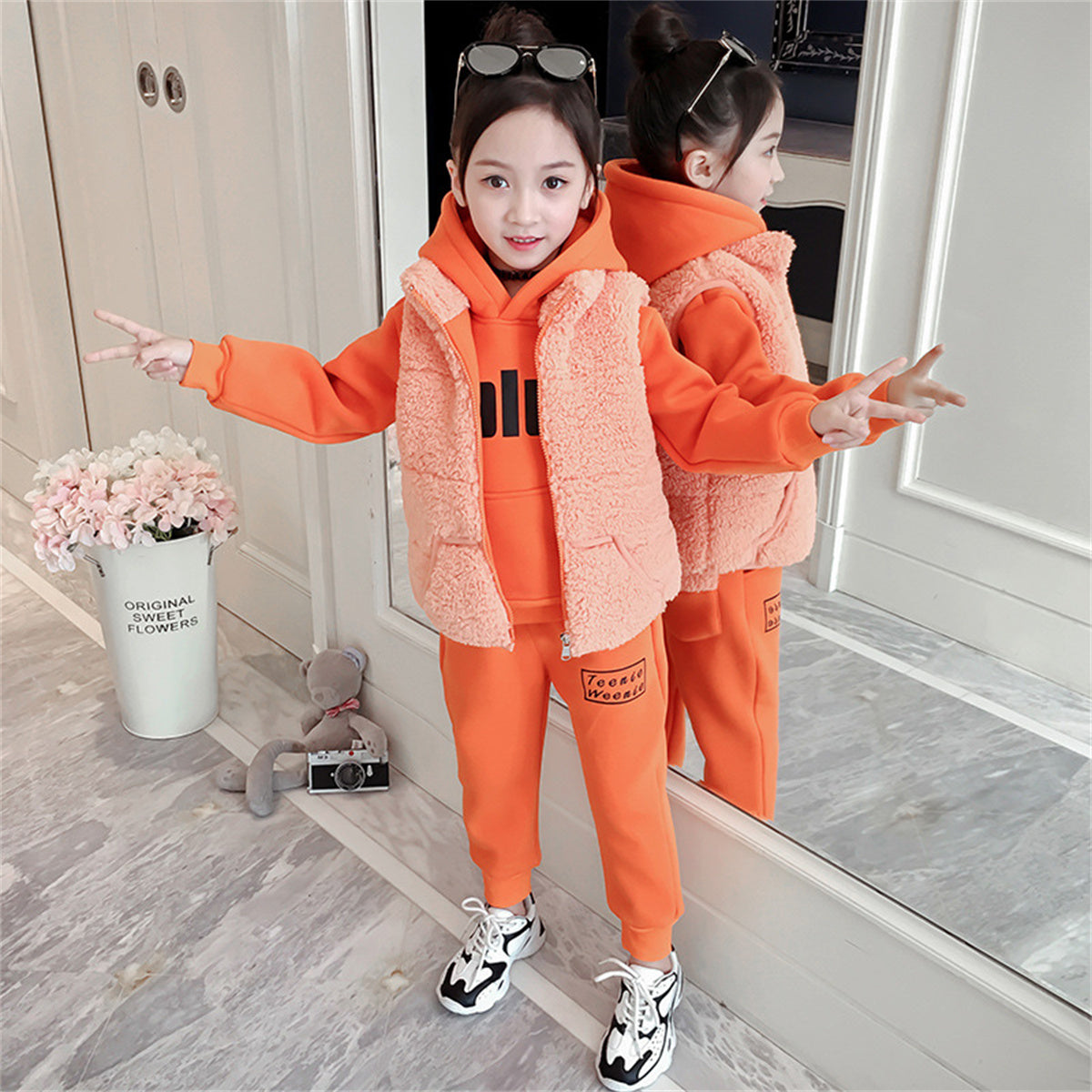 3-piece set for middle and large children and girls, solid color, letter style, casual urban style, fur vest, multi-piece set