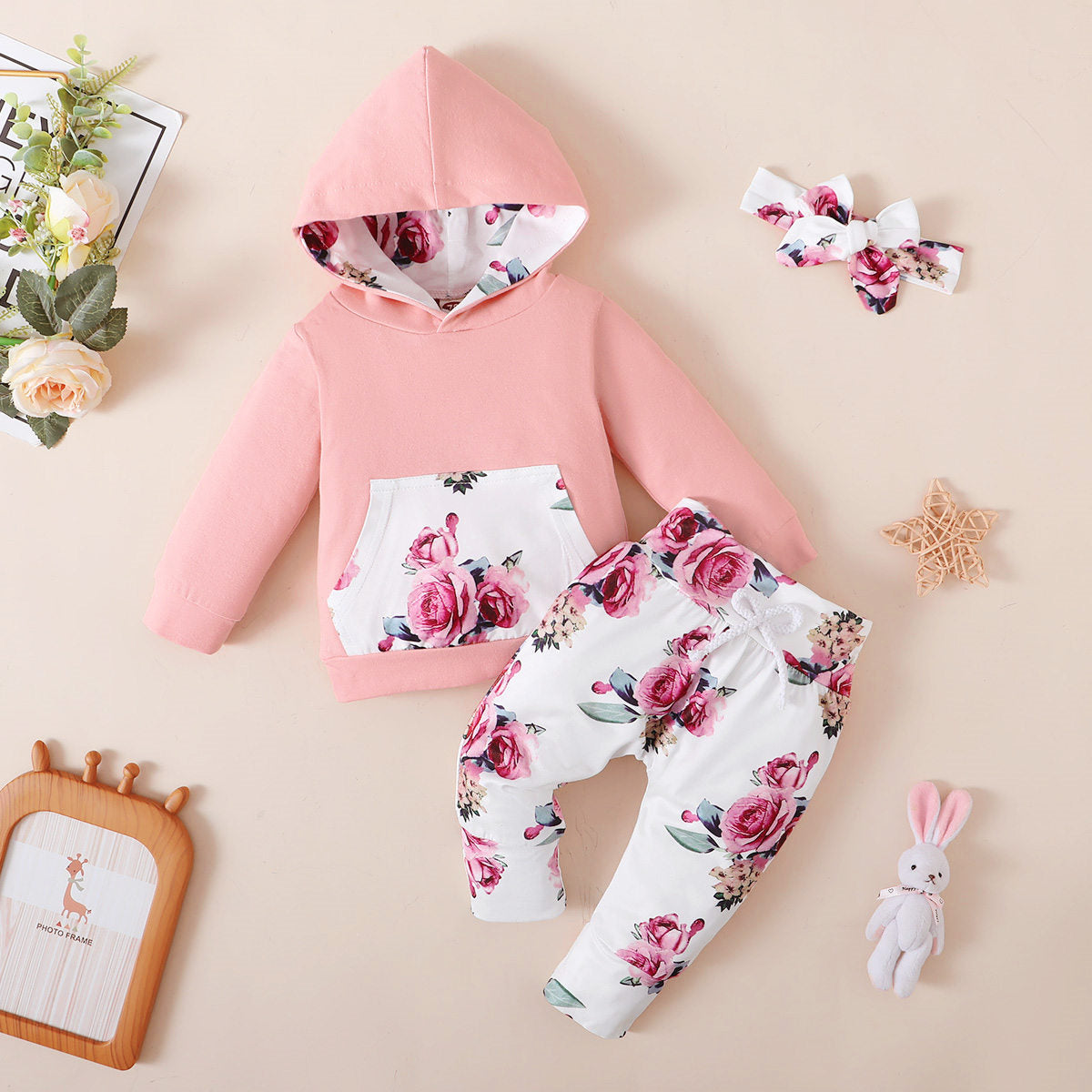 Baby Floral Printed Long-sleeve Hoodie & Pants With Headband