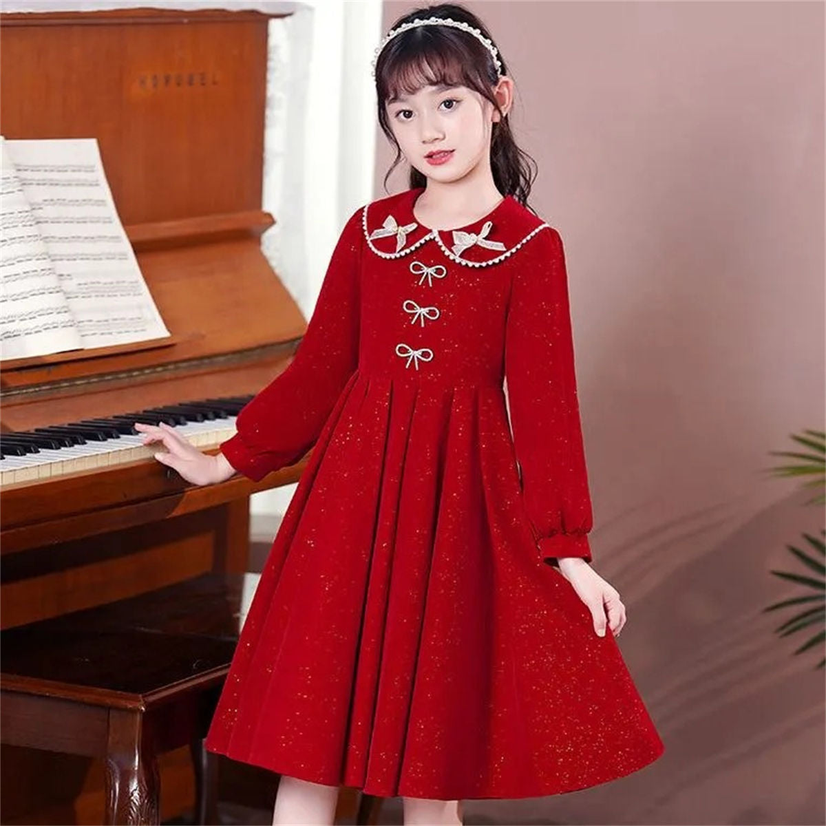 Winter solid color exquisite lady style shiny bow long sleeve dress for middle and large children girls