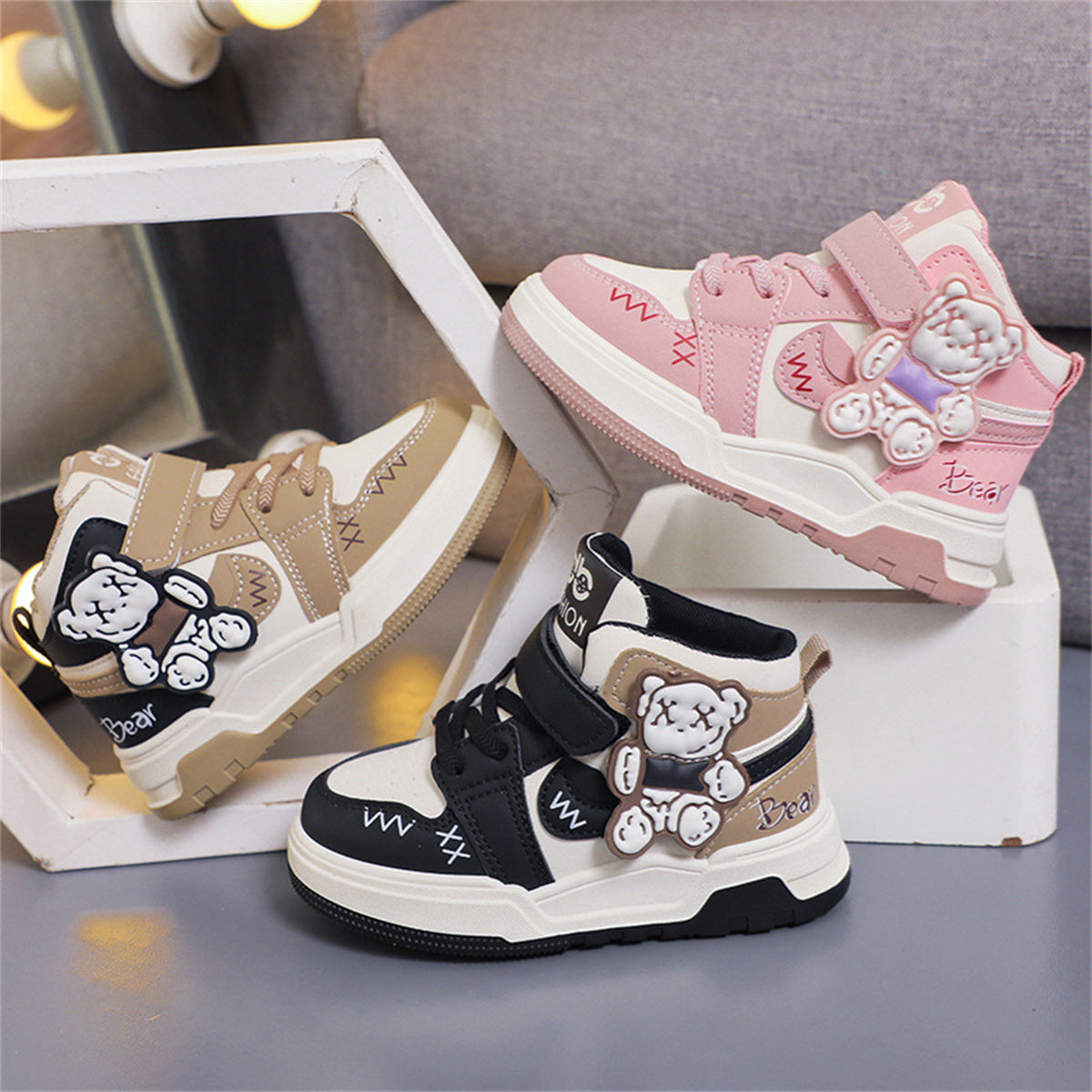 Three-dimensional bear simple urban style high-top sneakers for middle and large children and boys