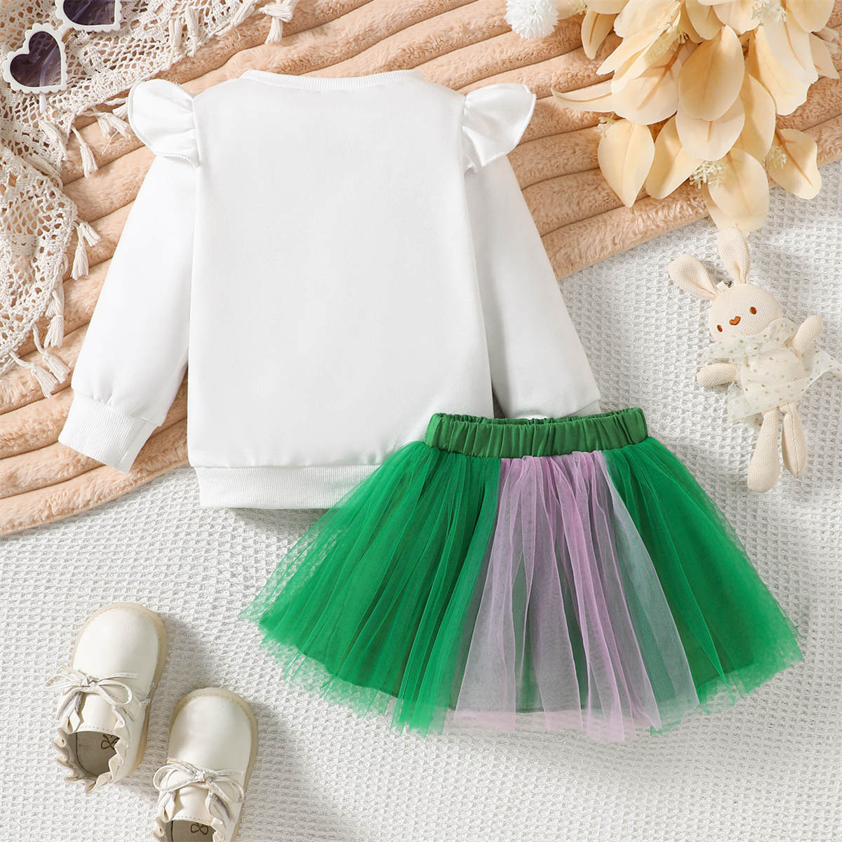 Girls Spring Long Sleeve Letter Sweater Color Block Mesh Tutu Skirt Set