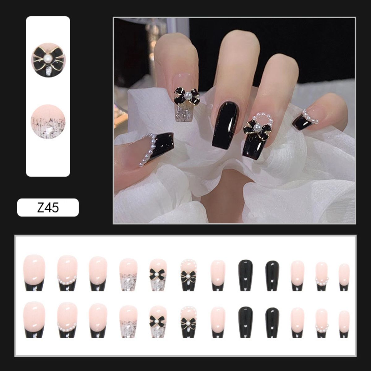 Small fragrance style pearl bow nail art dark series temperament black wear nail sweet cool false nail piece white new