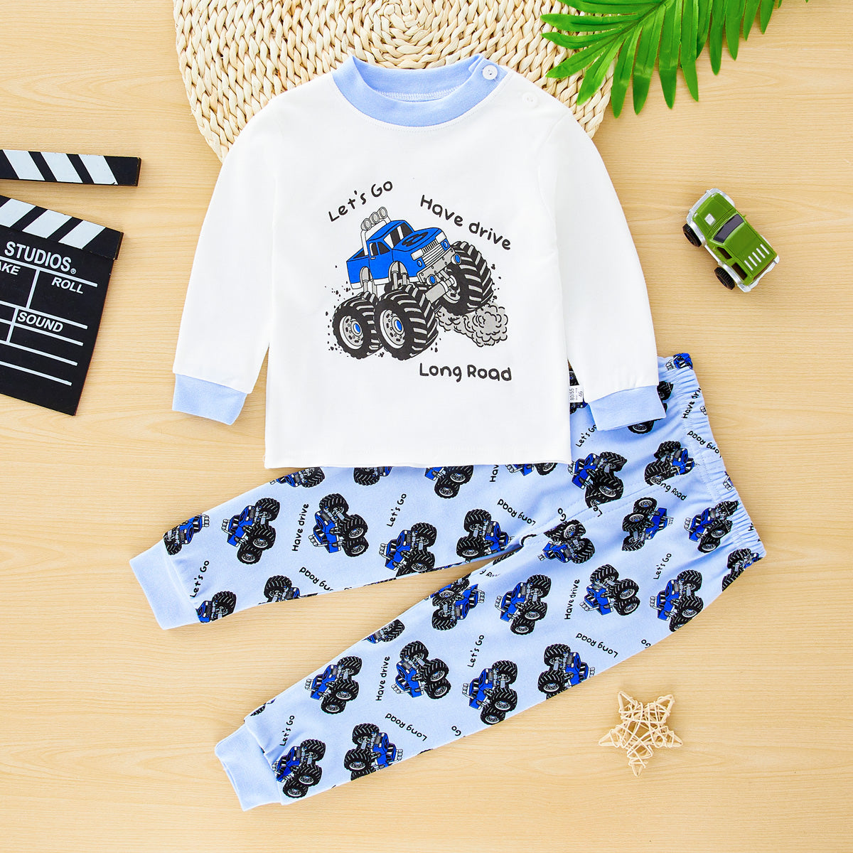 Boys Cartoon Car Long Sleeve Home Clothes Set