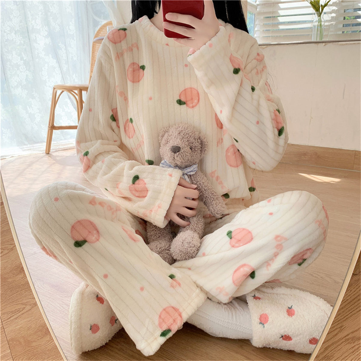 Bear bow print coral fleece suit home clothes