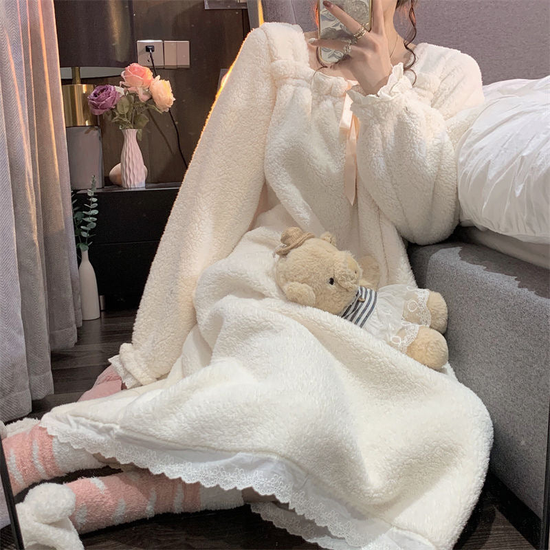 Princess style nightdress women's long sleeve warm thick fleece pajamas home wear