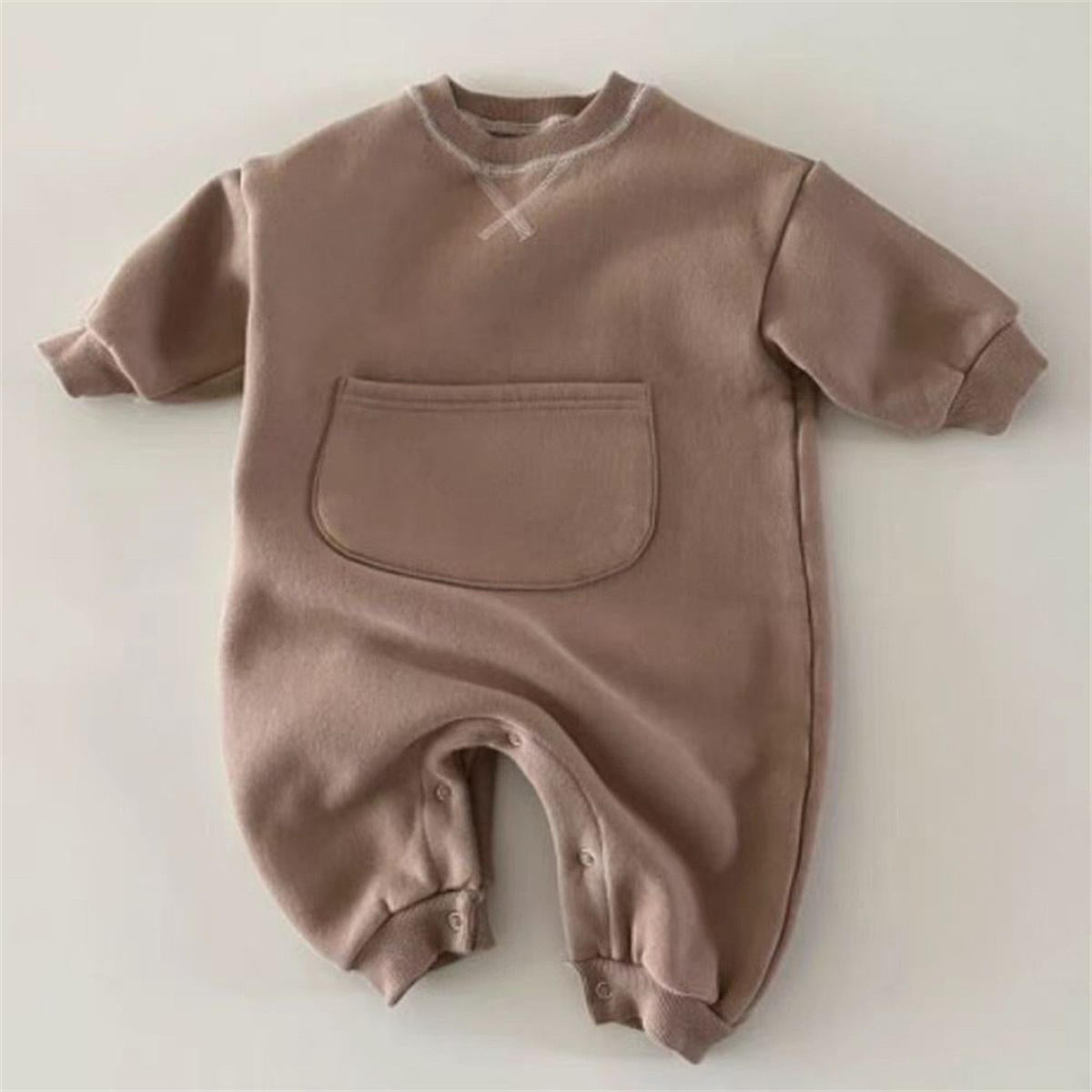 Baby solid color kangaroo pocket belly long sleeve long crawling clothes spring and autumn