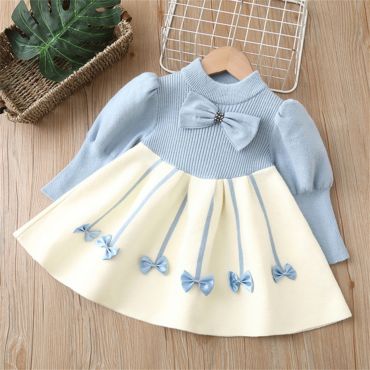 Girls sweater dress children's sweater knitted long skirt autumn and winter new bow small fragrance style sweet princess skirt