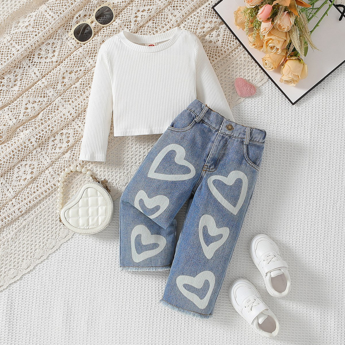 Girls suit spring and autumn style long-sleeved T-shirt jeans two-piece suit