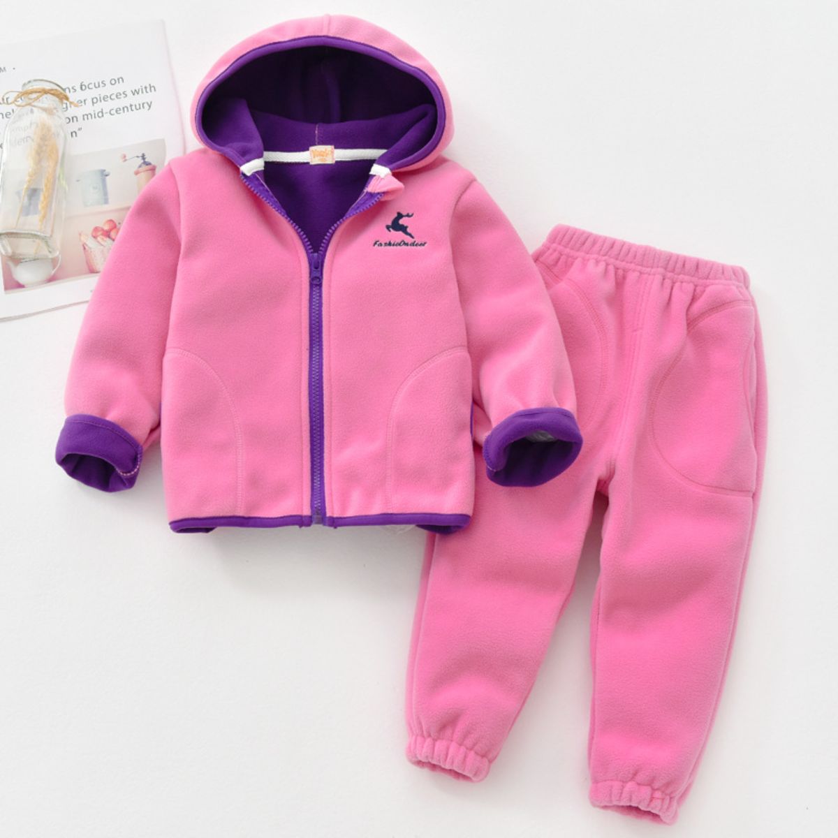 Children&#39;s polar fleece suits for spring and autumn, medium and large children&#39;s fleece warm tops and pants, two pieces for boys and girls, hooded and fleece jackets